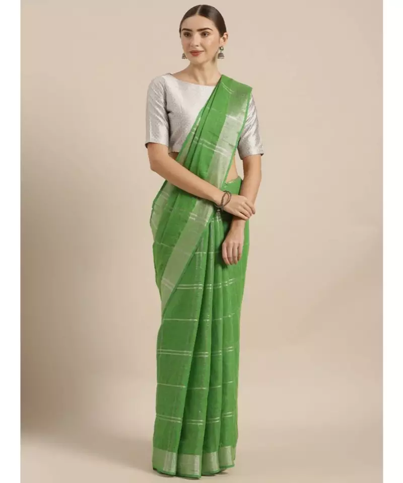 Green & Silver-Coloured Pure Linen Checked Bhagalpuri Saree