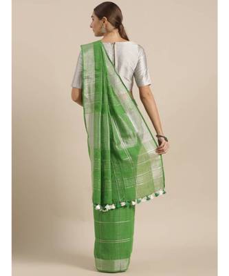 Green & Silver-Coloured Pure Linen Checked Bhagalpuri Saree 2