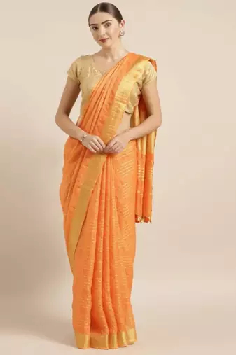 Orange Pure Linen Checked Bhagalpuri Saree
