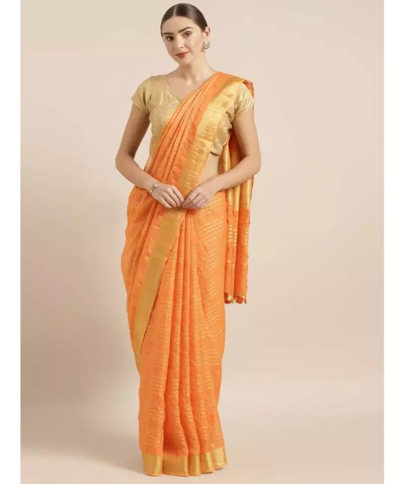 Orange Pure Linen Checked Bhagalpuri Saree