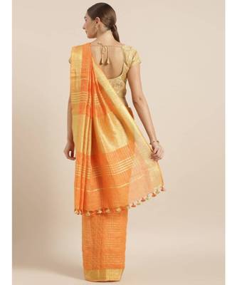 Orange Pure Linen Checked Bhagalpuri Saree 2