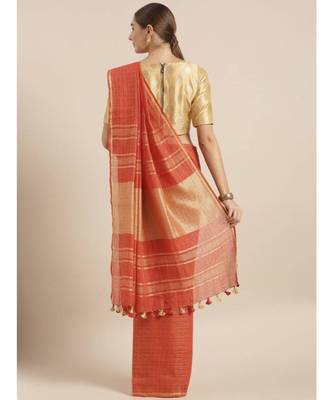 Orange Pure Linen Checked Bhagalpuri Saree 2