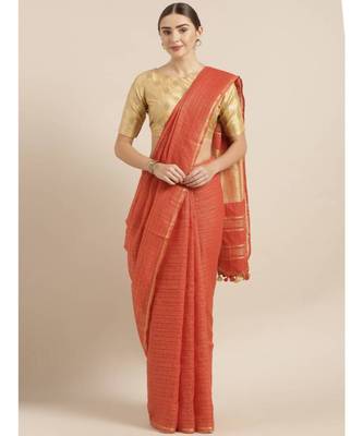 Orange Pure Linen Checked Bhagalpuri Saree 1