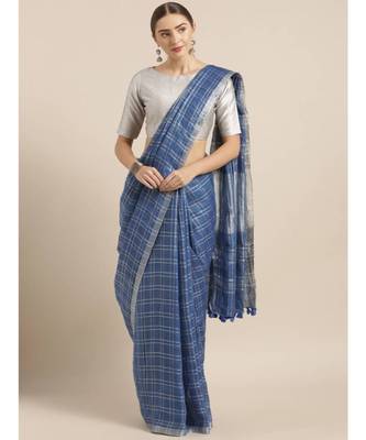 Navy Blue & Silver-Toned Pure Linen Checked Bhagalpuri Saree 1