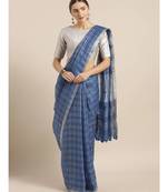 Navy Blue & Silver-Toned Pure Linen Checked Bhagalpuri Saree