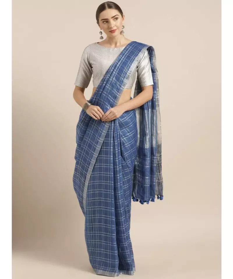Navy Blue & Silver-Toned Pure Linen Checked Bhagalpuri Saree