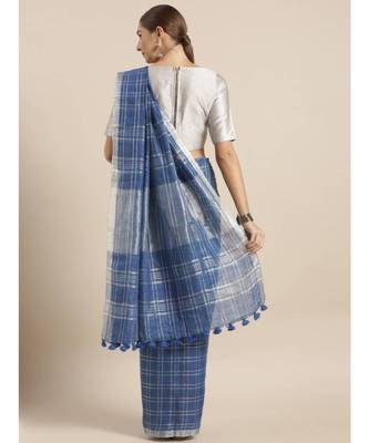 Navy Blue & Silver-Toned Pure Linen Checked Bhagalpuri Saree 2