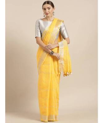 Yellow & Silver-Toned Pure Linen Checked Bhagalpuri Saree 1