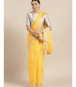 Yellow & Silver-Toned Pure Linen Checked Bhagalpuri Saree