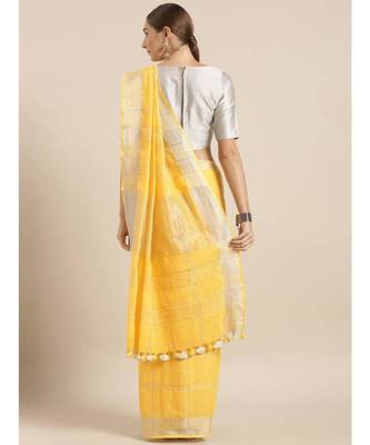 Yellow & Silver-Toned Pure Linen Checked Bhagalpuri Saree 2
