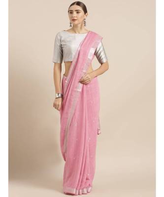 Pink Linen Blend Solid Bhagalpuri Saree 1