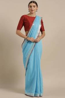 Blue & Silver-Coloured Linen Blend Solid Bhagalpuri Saree