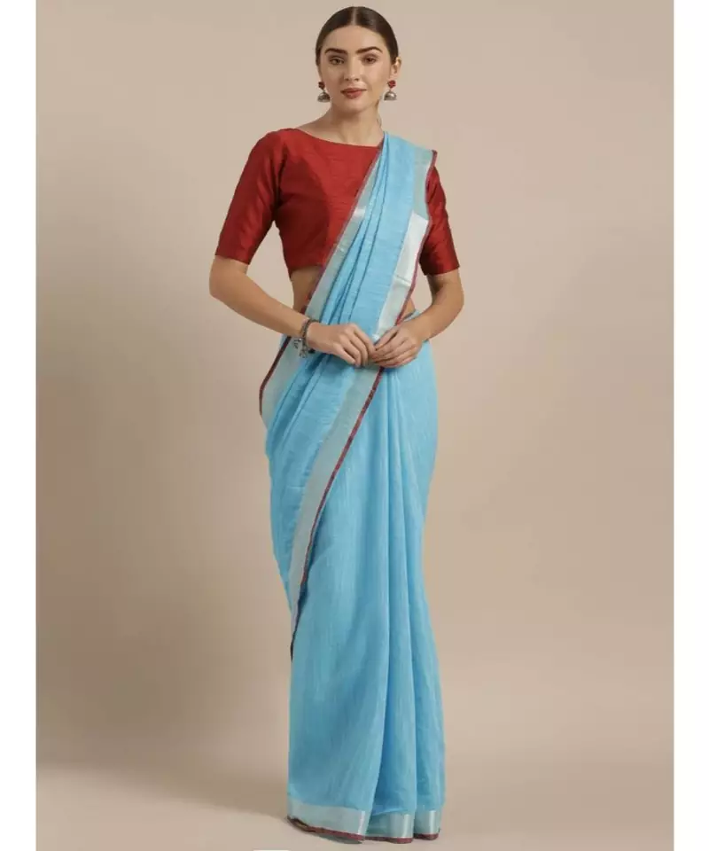 Blue & Silver-Coloured Linen Blend Solid Bhagalpuri Saree
