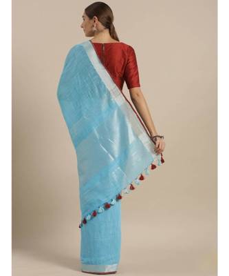 Blue & Silver-Coloured Linen Blend Solid Bhagalpuri Saree 2