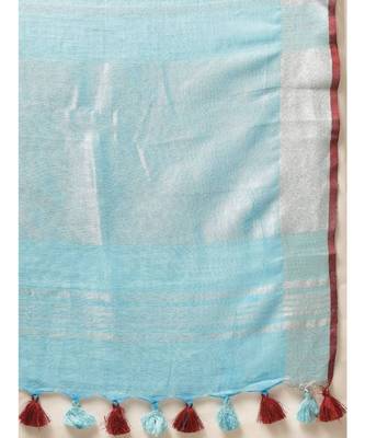 Blue & Silver-Coloured Linen Blend Solid Bhagalpuri Saree 3