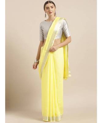 Yellow Linen Blend Solid Bhagalpuri Saree 1