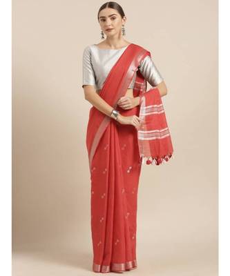 Red Linen Blend Solid Bhagalpuri Saree 1