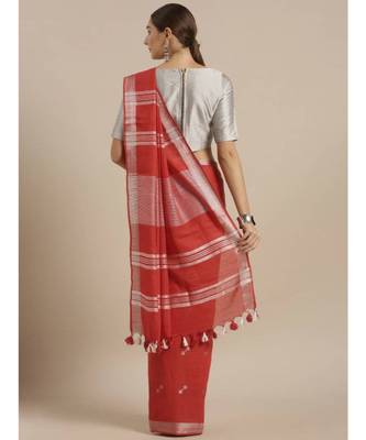 Red Linen Blend Solid Bhagalpuri Saree 2