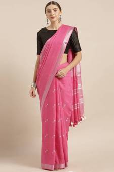 Pink Linen Blend Woven Design Bhagalpuri Saree