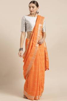 Orange Linen Blend Checked Bhagalpuri Saree