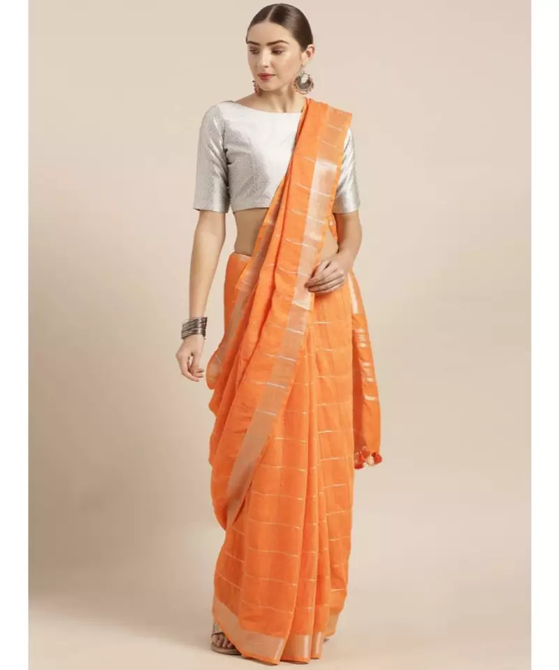 Orange Linen Blend Checked Bhagalpuri Saree