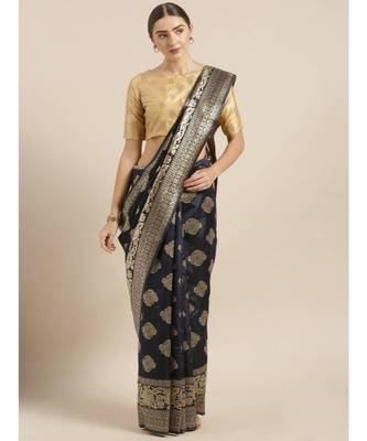 Navy Blue & Gold-Toned Art Silk Woven Design Bhagalpuri Saree 1