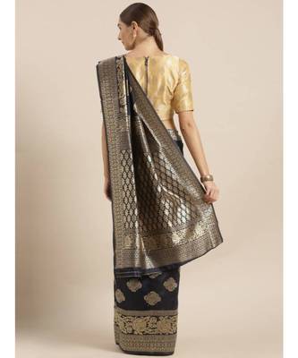 Navy Blue & Gold-Toned Art Silk Woven Design Bhagalpuri Saree 2