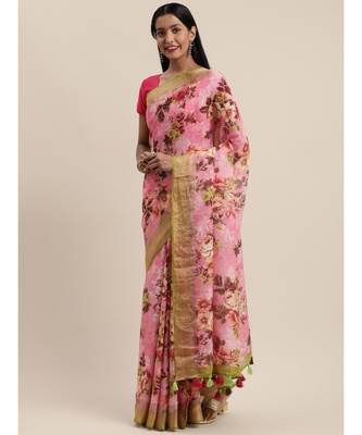 Pink Pure Linen Floral Printed Bhagalpuri Saree 1