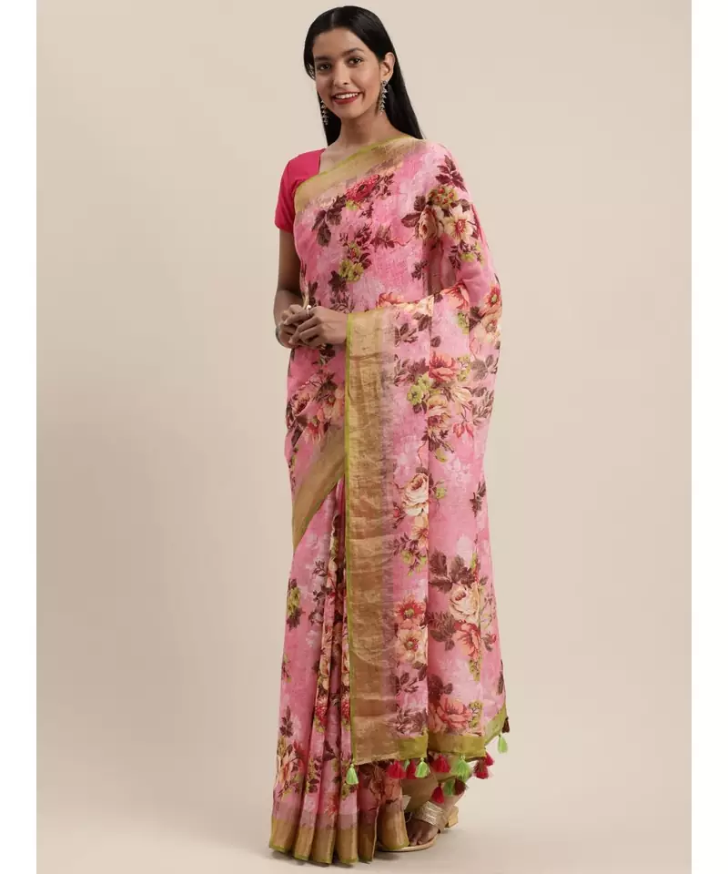 Pink Pure Linen Floral Printed Bhagalpuri Saree