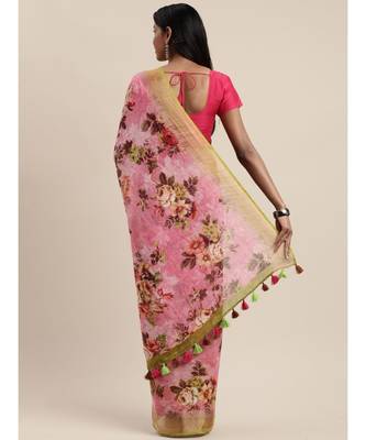 Pink Pure Linen Floral Printed Bhagalpuri Saree 2