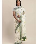 Off-White Pure Linen Floral Printed Bhagalpuri Saree