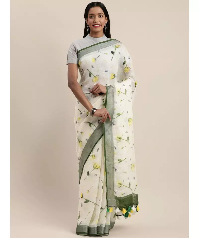 Off-White Pure Linen Floral Printed Bhagalpuri Saree