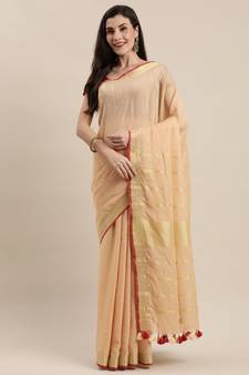 Cream-Coloured Pure Linen Solid Bhagalpuri Saree