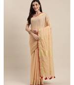 Cream-Coloured Pure Linen Solid Bhagalpuri Saree