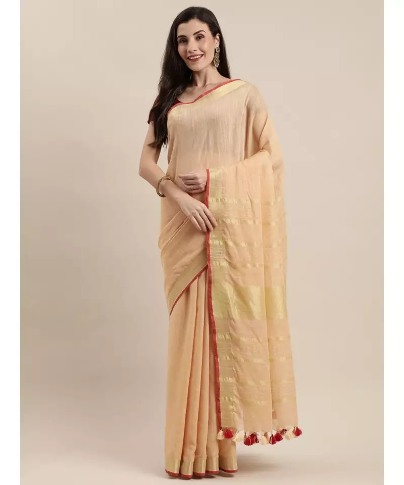 Cream-Coloured Pure Linen Solid Bhagalpuri Saree