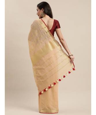 Cream-Coloured Pure Linen Solid Bhagalpuri Saree 2
