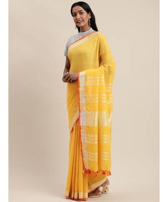 Yellow Pure Linen Solid Bhagalpuri Saree 1