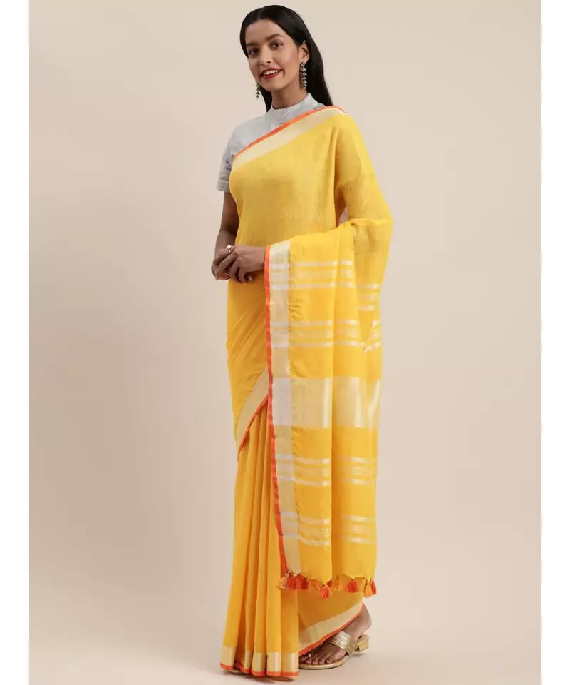 Yellow Pure Linen Solid Bhagalpuri Saree