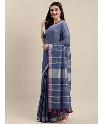 Blue Pure Linen Solid Handloom Bhagalpuri Saree 1