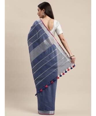 Blue Pure Linen Solid Handloom Bhagalpuri Saree 2