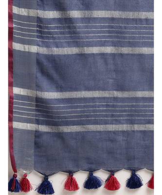 Blue Pure Linen Solid Handloom Bhagalpuri Saree 3