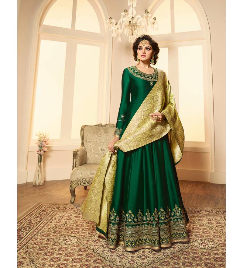 Green Lime Green Satin Georgette Women's Semi-stitched Anarkali