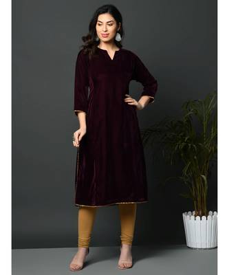 Wine coloured loose velvet kurta with golden gota detailing 3