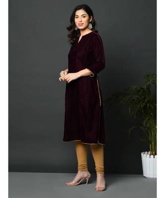Wine coloured loose velvet kurta with golden gota detailing 4