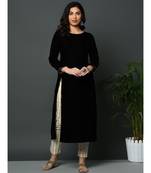 Black coloured velvet kurta with slit and golden gota detailing