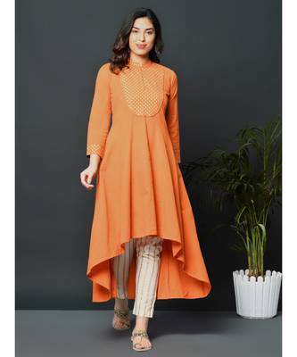Orange flex assymetric hem kurta with printed yoke 1