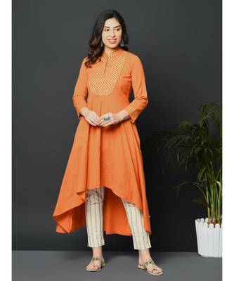 Orange flex assymetric hem kurta with printed yoke 2