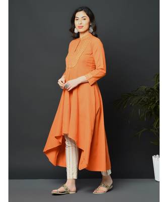 Orange flex assymetric hem kurta with printed yoke 3