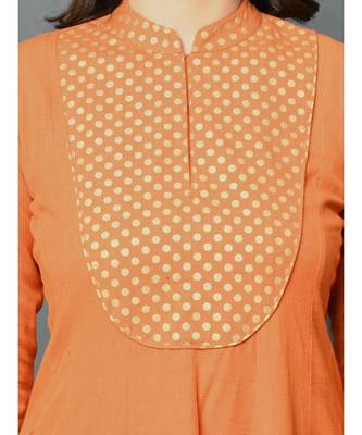 Orange flex assymetric hem kurta with printed yoke 5