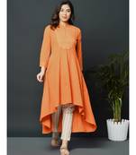 Orange flex assymetric hem kurta with printed yoke and flex chevron khadi print tapered pant
